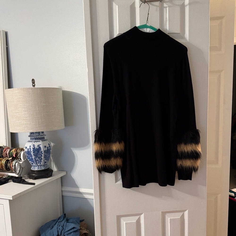 Black Sweater with Animal Print Faux Fur Cuffs